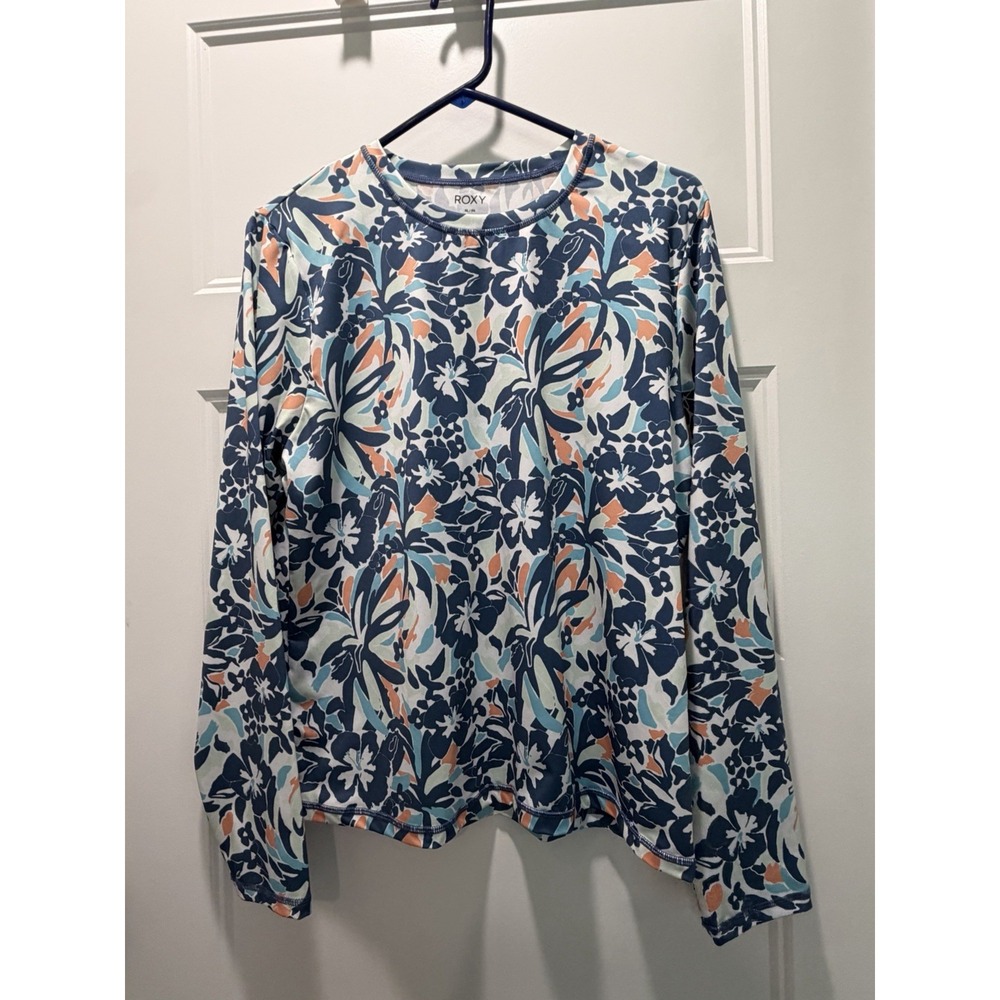 Roxy Womens Long Sleeve Swim/Rash Guard Blue Tropical Floral Swim Shirt Size XL